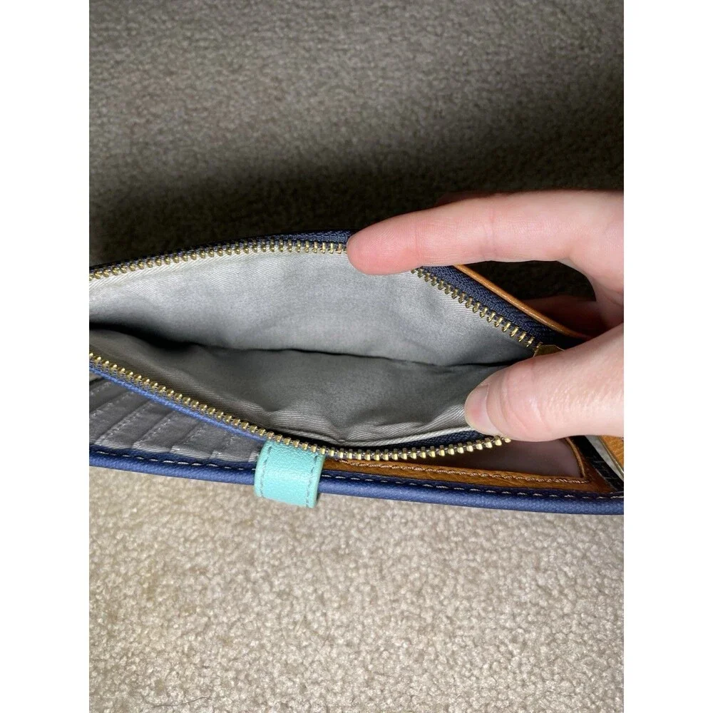 Fossil Logan Flap Clutch Navy Blue Teal Dash Canvas Leather